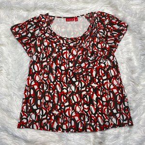 Elle Women's Abstract Print Pleated Neckline Short Sleeve Top Red Black Size S